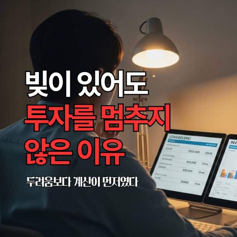 대출 상환과 투자 사이에서 고민하는 40대 한국 남성의 뒷모습 캡션