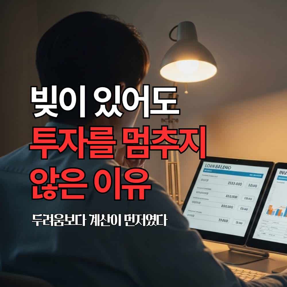 대출 상환과 투자 사이에서 고민하는 40대 한국 남성의 뒷모습 캡션